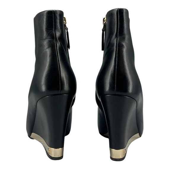 Chanel Black Lambskin Leather Wedge Ankle Boots Gold CC Trim - Picture 5 of 9